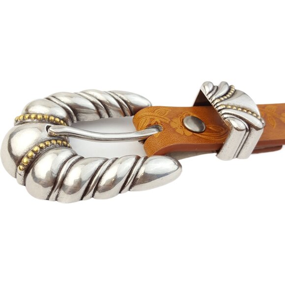 Western-Inspired Silver Buckle Floral Tooled Belt main image 4